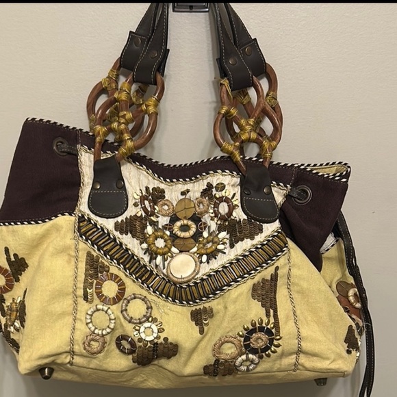 Anthropologie Handbags - Anthropologie Yellow and Brown Embroidered Tote Vintage look gently Pre Loved